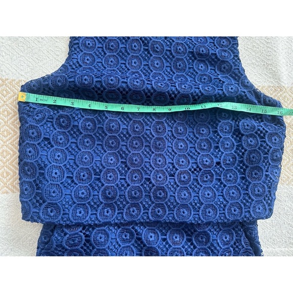 J Crew Women’s Blue Sheath Dress Eylelet Lace Overlay size 0 Side Pockets - Picture 6 of 10